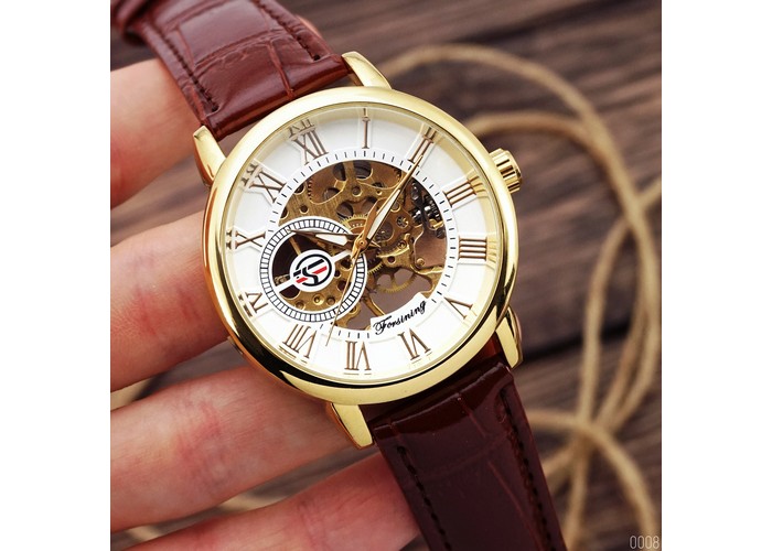Мужские часы Forsining 8099 Brown-Gold-White