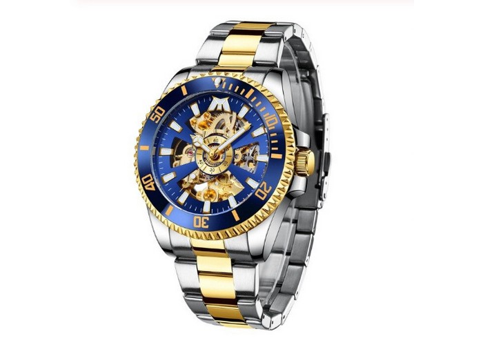 Мужские часы Megalith 8215 Silver-Blue-Gold